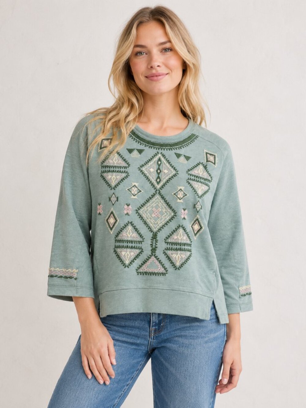 Embroidered Boho Sweatshirt Sage Green Tribal Aztec Top S Cottagecore Casual